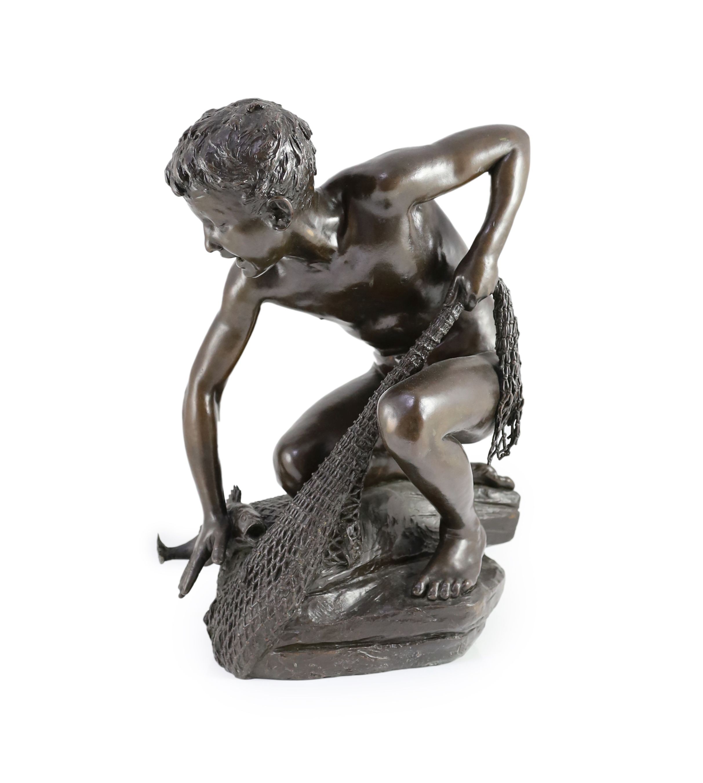H. Gladenbeck and Son. A bronze figure of a boy catching a fish, height 45cm